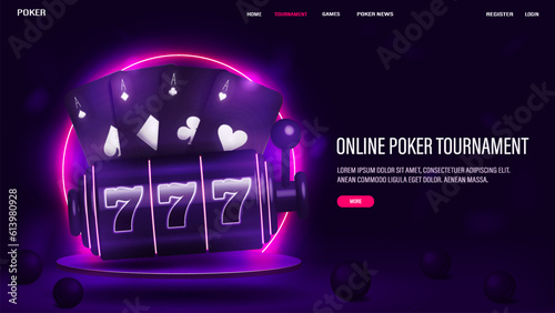 A web banner with cards and a casino slot machine on a bright podium with a neon frame. A concept for playing poker with text for a website.
