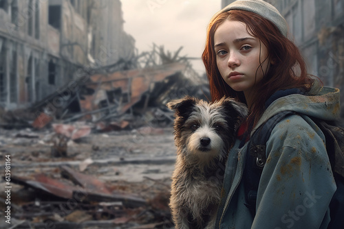 portrait of girl with dog near ruined bombed-out building