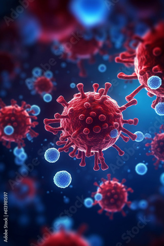 Close up macro details of red blue microbes molecules virus bacteria. Coronavirus outbreak COVID-19. Medicine concept