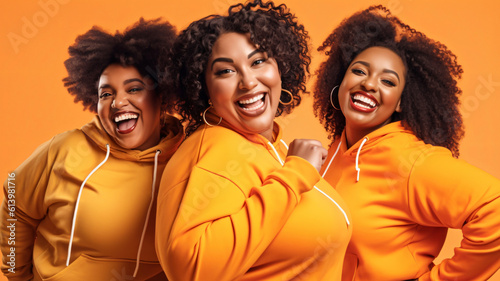Three corpulent Afro-American women laugh heartily in orange tracksuits and have fun exercising and losing weight