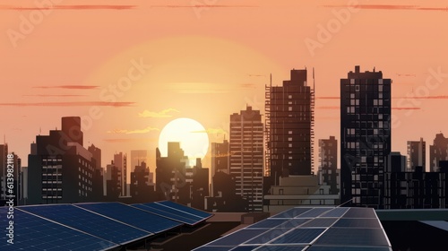 Urban Skyline Engulfed in Warm Sunset Glow over Skyscrapers.