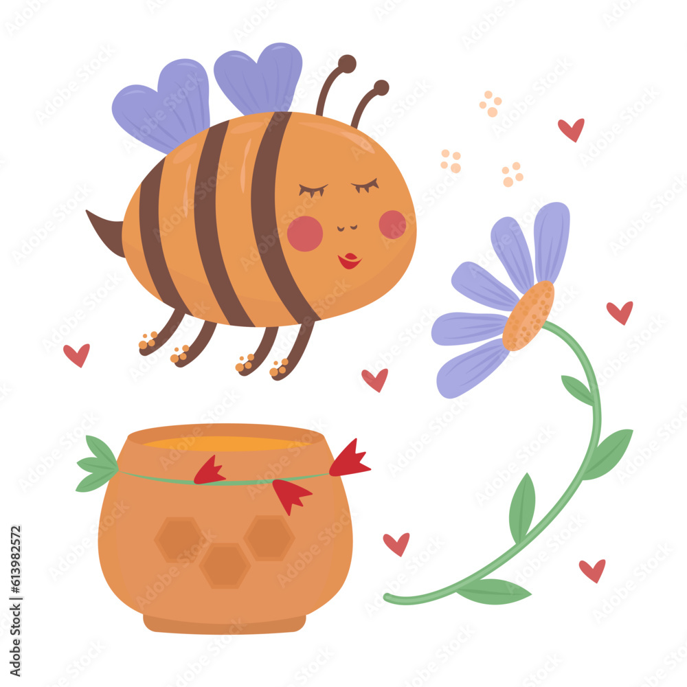 Cute bee, blue flower and jar of honey, colorful illustration