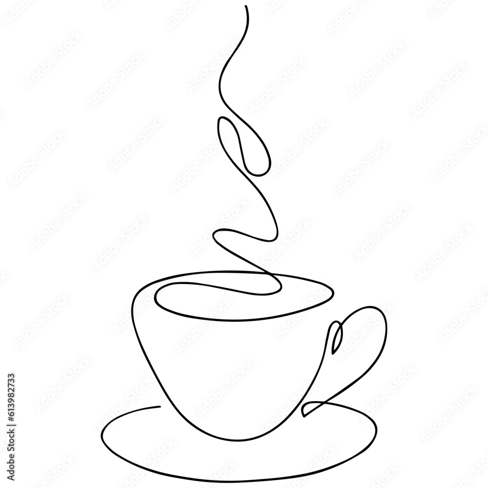 Fototapeta Cup of coffee - vector illustration (sketch), one-line silhouette without background (clipart). The emotion of love for a delicious drink, feeling the aroma of fresh coffee and enjoying it