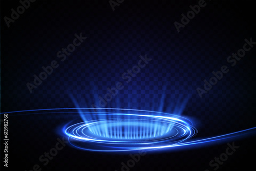 Magic fantasy portal. Futuristic teleport. Light effect. Blue candles rays of a night scene with sparks on a transparent background. Empty light effect of the podium. Disco club dancefloor. 