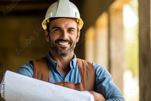 Fototapeta Smiling constructor worker wearing a hard hat and holding blueprints, constructo