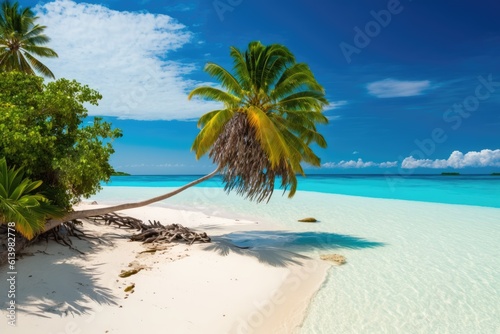 A tropical islands beach paradise sun  sky  white clouds  lovely caribbean scenery  summer vacations  vacation  trip. Generative AI