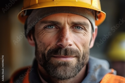 Close-up portrait of a constructor worker with a friendly expression, constructor worker, builder, natural light, affinity, bright background Generative AI