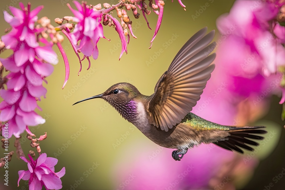 hummingbird in flight near pink flowers. Generative AI hummingbird in flight near pink flowers. Generative AI