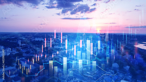 Big data chart on city backdrop.Trade technology, and investment analysis.Business development, financial plan and strategy.Analysis finance graph and market chart investment.