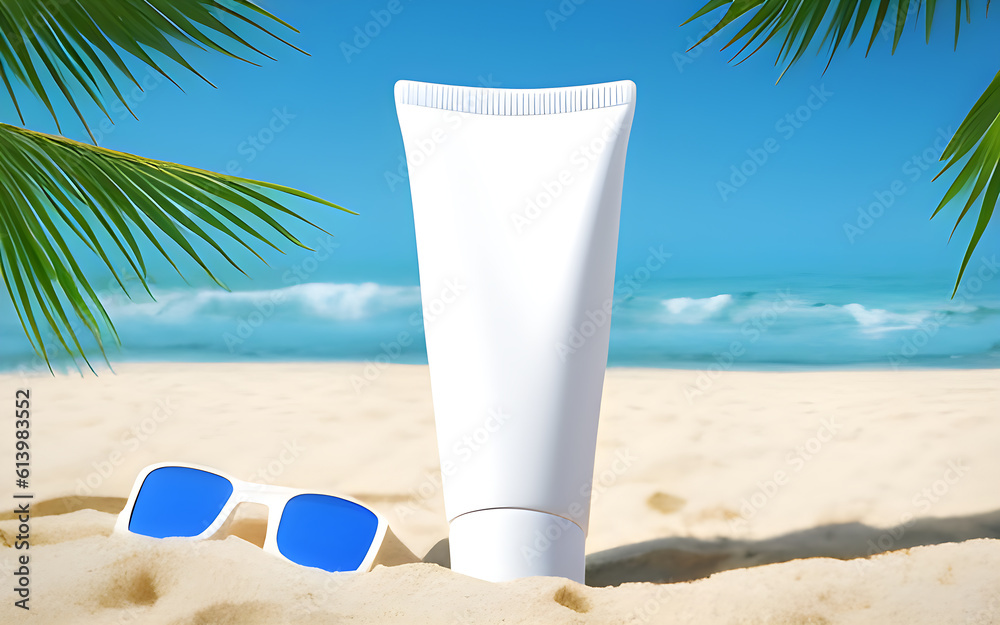 Summer beach scene with tree and sunglasses and blank cream tube mockup image ai generative