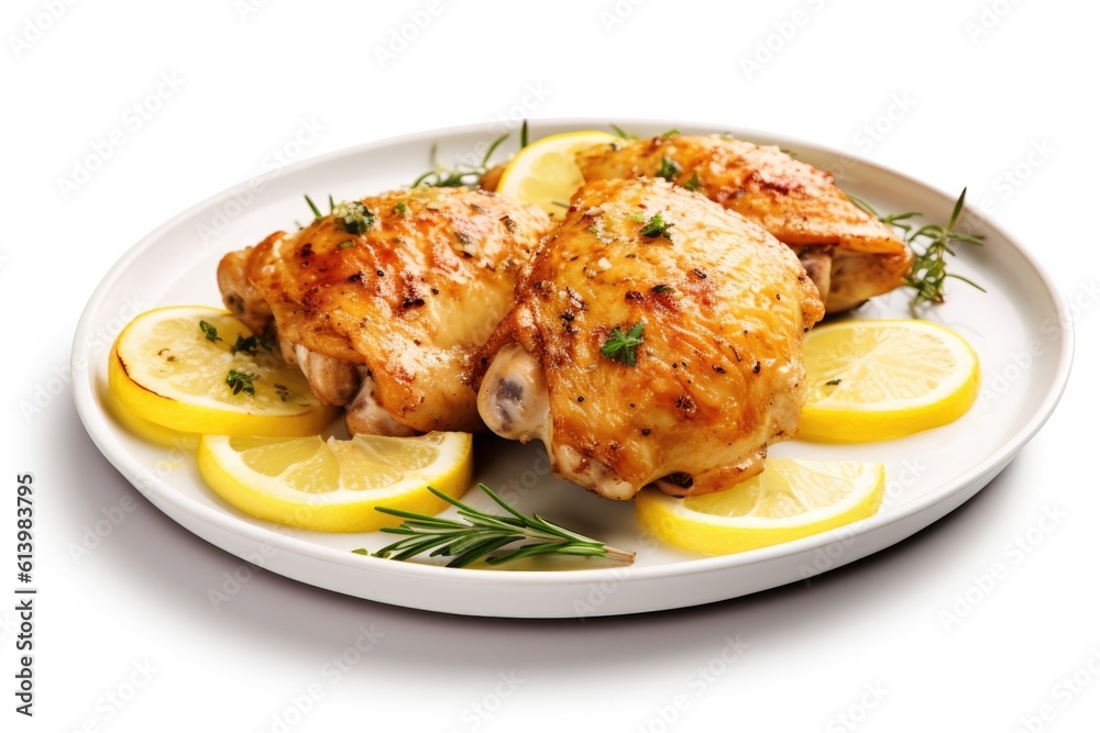 Delicious Plate of Lemon Chicken Isolated on a White Background Delicious Plate of Lemon Chicken Isolated on a White Background