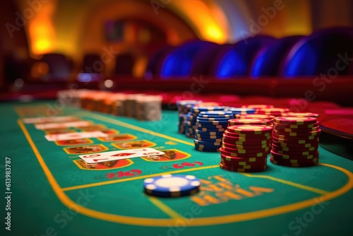A close - up shot of a blackjack table in a casino, highlighting the vibrant colors of the cards and the sleek surface of the table. Generative AI