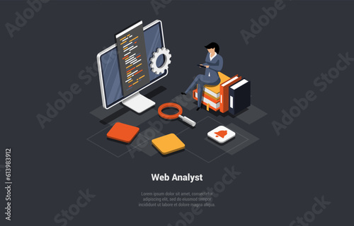 Concept Of Testing, Data Analysis, Debugging. SEO Web Analyst Woman Marketer Analyzing Data And Diagram On Computer, Analytic Business And Reporting Data. Isometric 3d Cartoon Vector Illustration