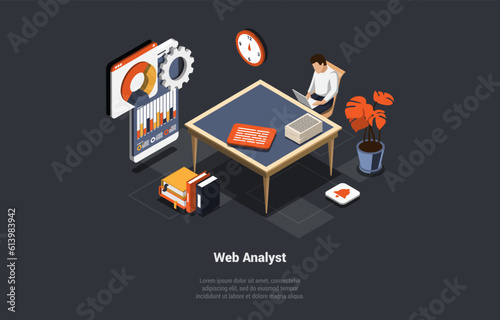 Concept Of Testing, Data Analysis, Debugging. SEO Web Analyst Man Marketer Analyzing Data And Diagram On Mobile Phone, Analytic Business And Reporting Data. Isometric 3d Cartoon Vector Illustration