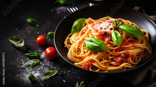 Delicious appetizing classic italian spaghetti pasta with tomato sauce, parmesan cheese and basil on a plate on a dark table.