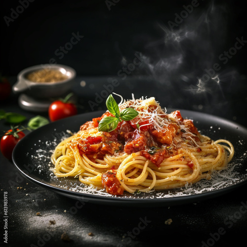 Delicious appetizing classic italian spaghetti pasta with tomato sauce, parmesan cheese and basil on a plate on a dark table.