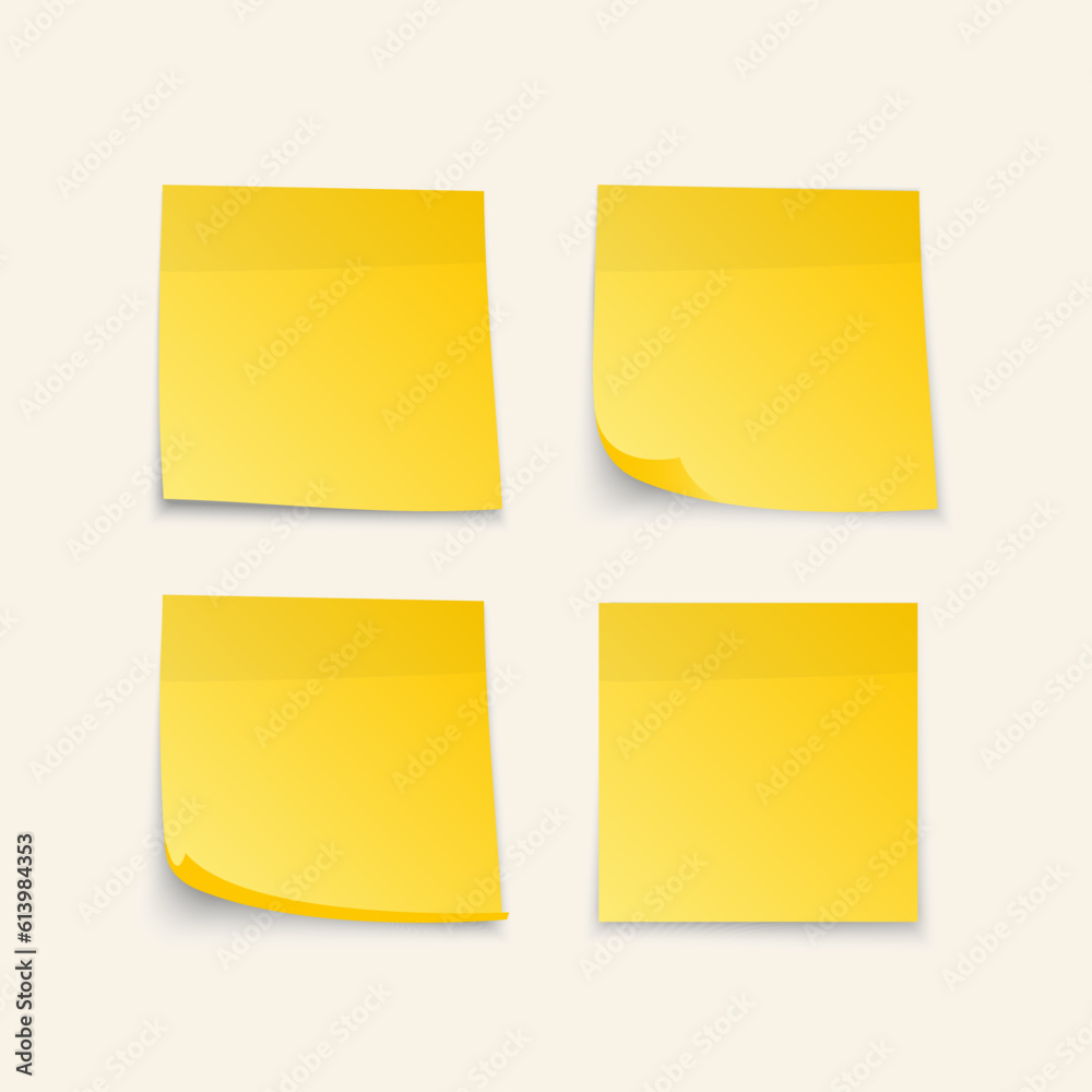 Set of yellow sheets of note papers. Collection of sticky notes with curl and shadow. Realistic paper stickers for your message. Vector illustration Set of yellow sheets of note papers. Collection of sticky notes with curl and shadow. Realistic paper stickers for your message. Vector illustration