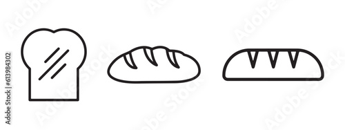 Bread line icon set. Bakery collection of simple outline signs. Fresh baking symbol Toast, baguette, bun contour flat icons design. Isolated on white concept vector Illustration.