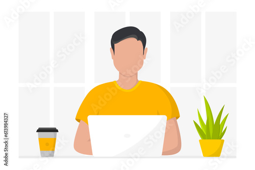 Office work and remote work, freelance. Young man working on computer. Man working on laptop sitting at table workplace thinking of task. Online study, education. Vector illustration in flat style