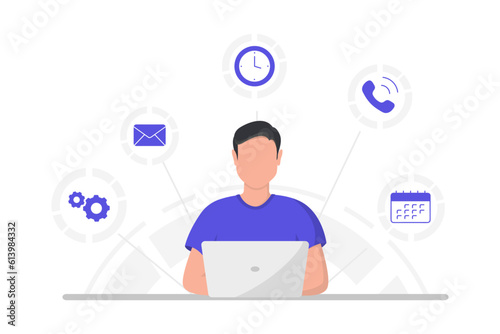 Office work and remote work, freelance. Young man working on computer. Man working on laptop sitting at table workplace thinking of task. Online study, education. Vector illustration in flat style