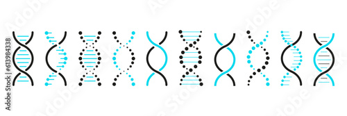 Set of DNA icons. Life gene model bio code genetics molecule medical symbols. Structure molecule, chromosome icon. Vector set of elements DNA