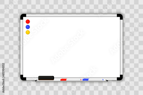 Magnetic marker whiteboard with erasing sponge pen and magnets. Empty white marker board. Mock-up office white blackboard. Whiteboard with marker pens and a sponge