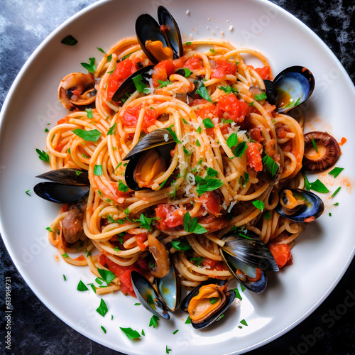 Spaghetti allo scoglio, typical Italian food. AI Generative.