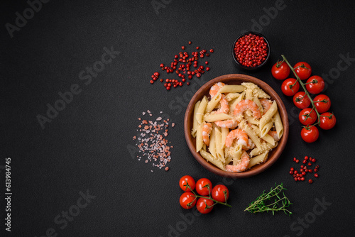 Delicious fresh penna pasta with shrimp, sauce, cheese, salt and spices