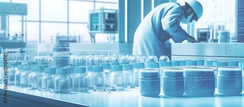 ersonnel carefully handling samples of containers in a drug production facility, ensuring quality control and adherence to safety standards. photo