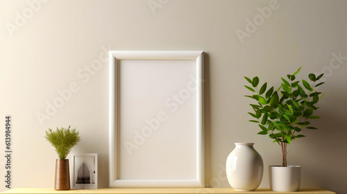 Wooden picture empty frame, poster mockup. White room interior. Generative AI 