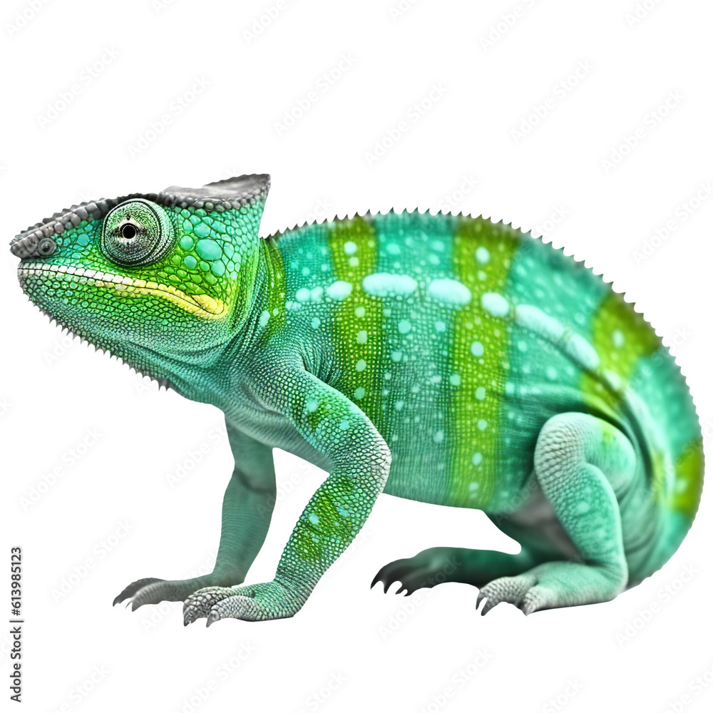 Green colored chameleon close up isolated, generative ai cut out Green colored chameleon close up isolated, generative ai cut out