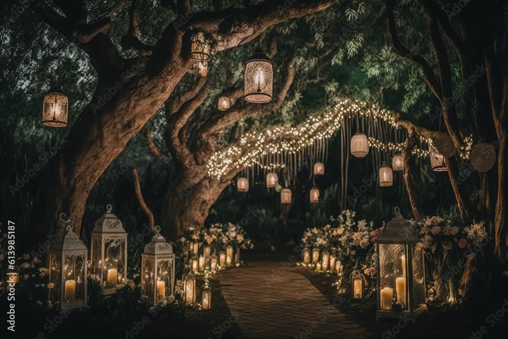 A night wedding ceremony with many candles and antique lamps on a large tree. Generative AI