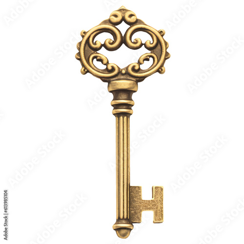Old golden skeleton key isolated generative ai cut out photo