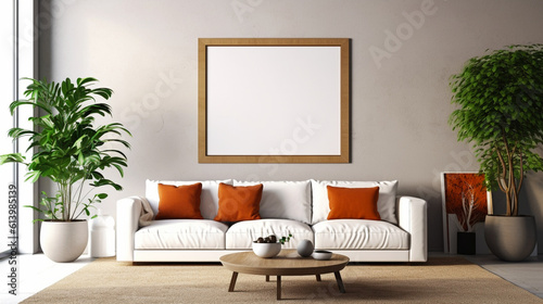  Elegant boho living room interior with empty wooden picture frame mockup. Copy space.  Generative AI © Катерина Нагірна