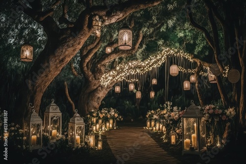 A night wedding ceremony with many candles and antique lamps on a large tree. Generative AI