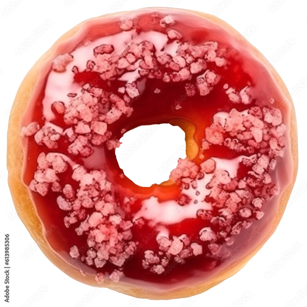 Red strawberry jelly covered donut isolated, generative ai cut out Red strawberry jelly covered donut isolated, generative ai cut out