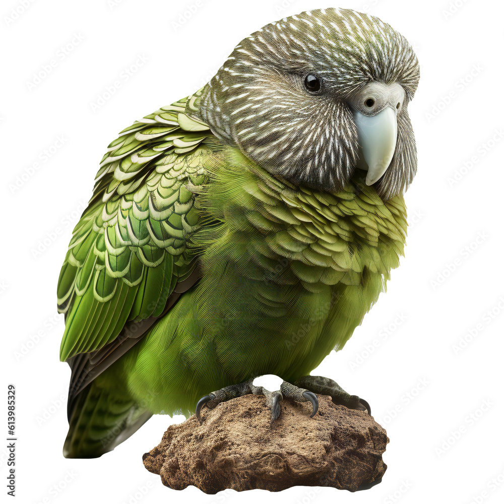 Fototapeta premium Kakapo Bird on branch isolated, generative ai cut out