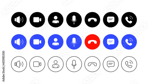 Set of video call buttons. Collection of internet conversation buttons. Web app ui display template. Collections buttons of on-line video chat app, internet talk, call technology. Vector illustration