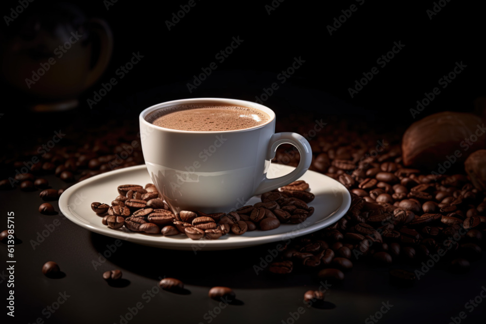 White ceramic mug and roasted coffee beans on a wooden base. Generative AI. White ceramic mug and roasted coffee beans on a wooden base. Generative AI.