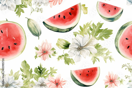 fresh seamless pattern  with collection watermelon slices, blossoms and leaves in clipart watercolor design on white background photo