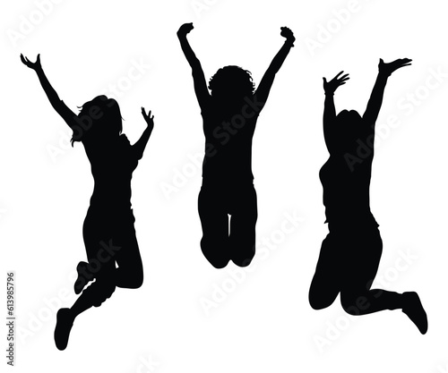 Silhouette of three women jumping. Silhouette people collection.
