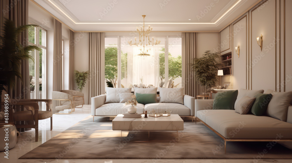 Fototapeta premium A gorgeous Digital Illustration of a spacious and stylish interior of a luxury home, with sophisticated furniture, trendy decorations, and lots of natural light AI Generative