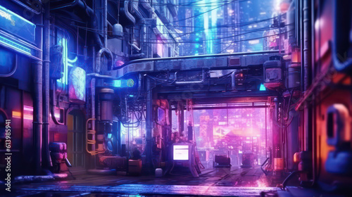 Cyberpunk style background design  featuring neon lights  futuristic buildings  and digital elements. Perfect for creative graphic design projects that need a sci-fi or dystopian vibe AI Generative