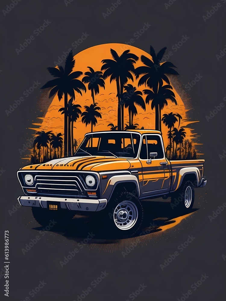 pick up truck, mountains, retro t-shirt design art