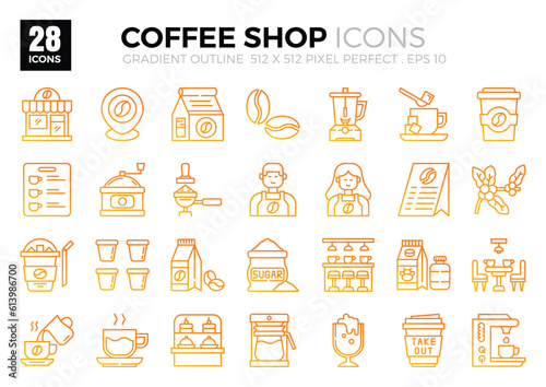 Icon packs of Coffee Shop (detail outline). The collection includes icons of various aspects related to coffee shops, ranging from business and development to programming, web design, app design.