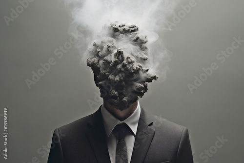 handsome man with smoke, explosion around his head 