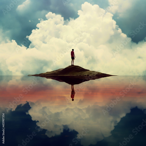 Generative AI illustrative image of a young woman who finds herself on a lake island. In this tranquil setting, she enters a state of inner calm. Mental Health Awareness.