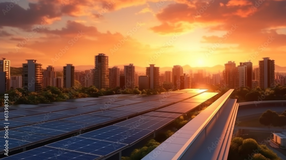 Solar panels installed on building roofs Panoramic view of the city at sunset Clean eco-electric power generation, renewable energy concept