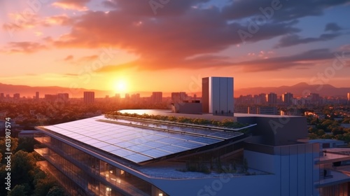 Solar panels installed on building roofs Panoramic view of the city at sunset Clean eco-electric power generation  renewable energy concept