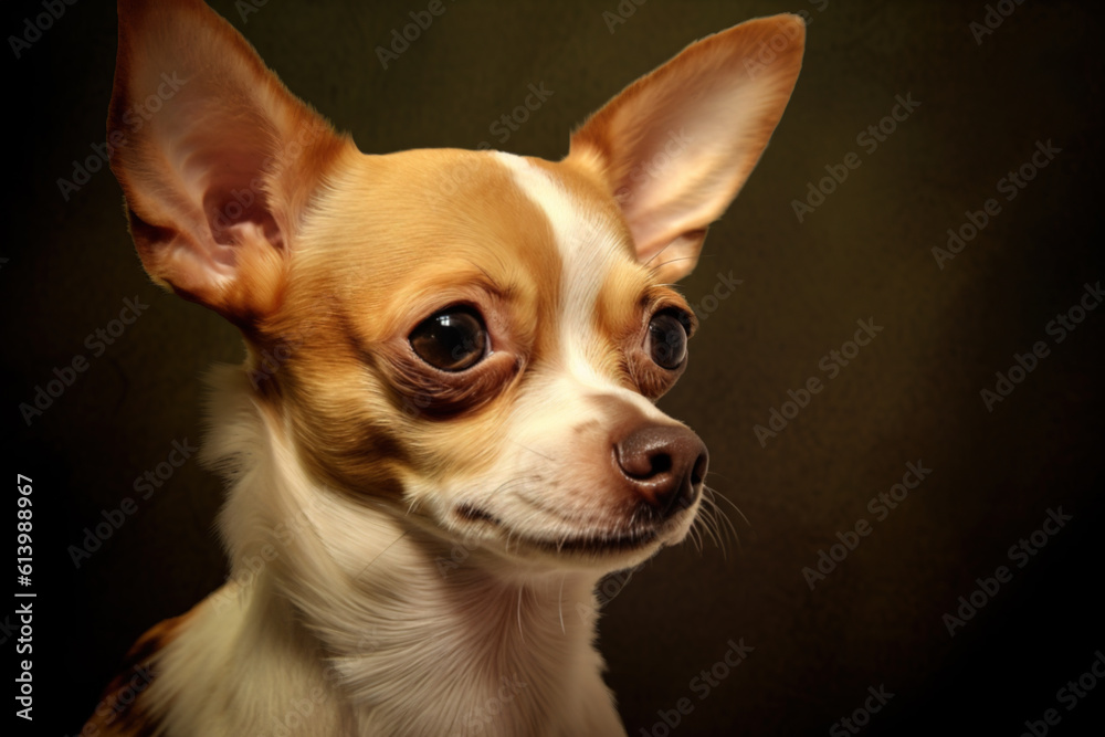 Chihuahua bicolor white brown profile on dark background. Portrait of an adult dog. A pet. Generative AI.